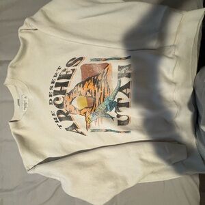 Abercrombie & Fitch Cream Crewneck with Distressed Black & Tan Logo